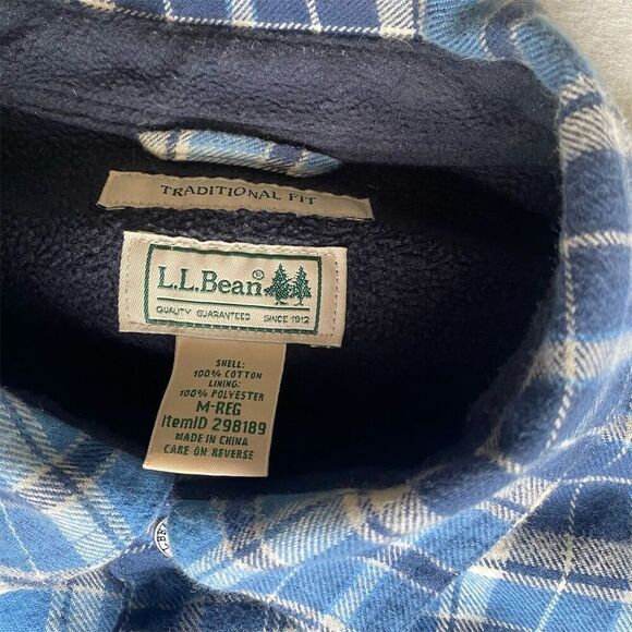L.L. Bean Men's M Blue Plaid Flannel Button-Up Shacket Long Sleeve Fleeced Lined - Picture 5 of 5